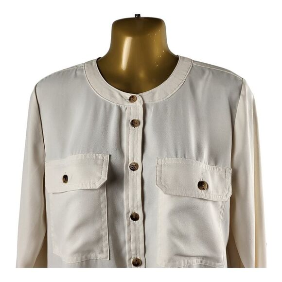 LOFT Small Off-White Henley Utility  Semi Sheer Blouse Button Front Long Sleeves - Picture 6 of 12